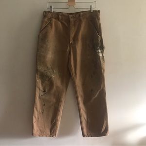 Carhartt Utility Workwear Cargo Canvas Tan Brown Distressed Cotton Pants 34 x 30